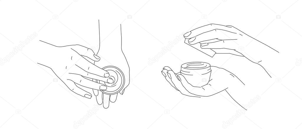 Set of illustrations of hands holding the jar with face or hand cream and puting the substance with finger, hands spin to open or close the cap of the package