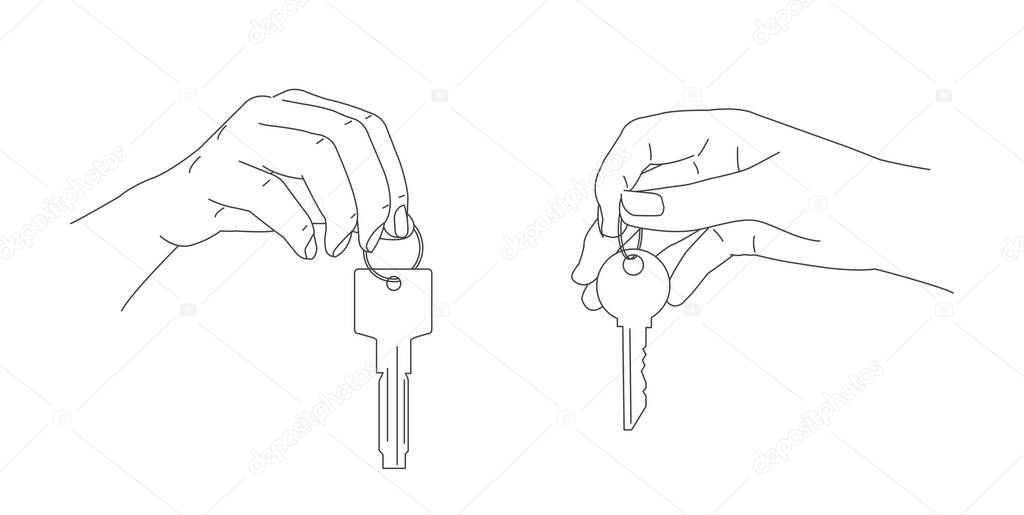 Drawn line illustration of hand holding or giving a key from house or car in two gesture positions foreshortening