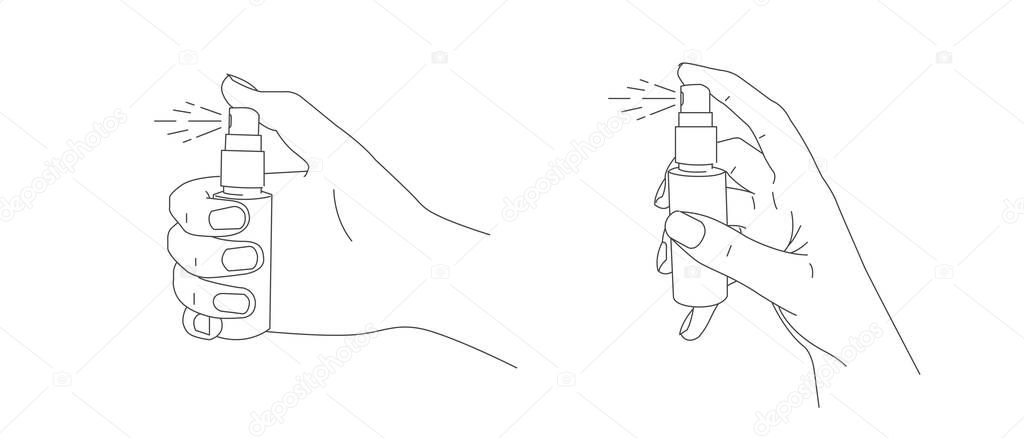 Line illustrations of hand holding a small spray bottle and push the dispenser in two gesture foreshortening