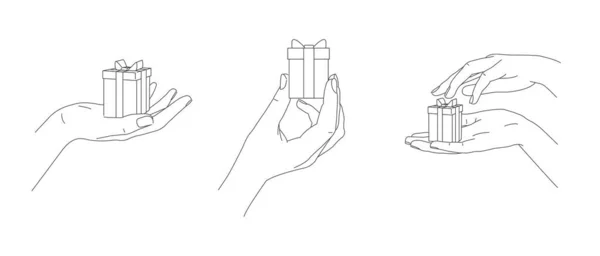 Ilustrasi Gambar Garis Tangan Memegang Kotak Hadiah Kecil Dalam Tiga - Stok Vektor