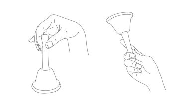 Illustration of hand holding and ringing small bell in two gesture positions, simple realistic line graphic clipart