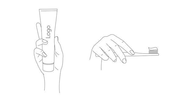 Ilustrasi Tangan Memegang Pasta Gigi Dan Sikat Gigi Dengan Pasta - Stok Vektor