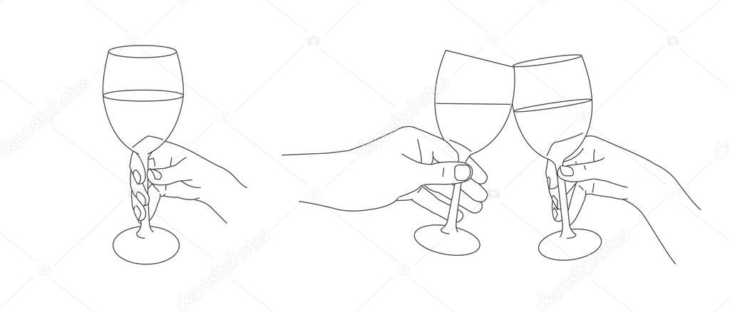 Hands holding glasses of wine and champagne. Cheers gesture with wine, Ink line sketch collection isolated on white background. Hand drawn vector illustration