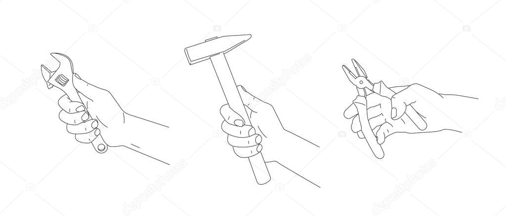 Human hands hold small tools hammer, spanner, pliers. Flat illustration of hands in different positions with construction and renovation home maintenance instrument. Line realistic graphic, isolated set