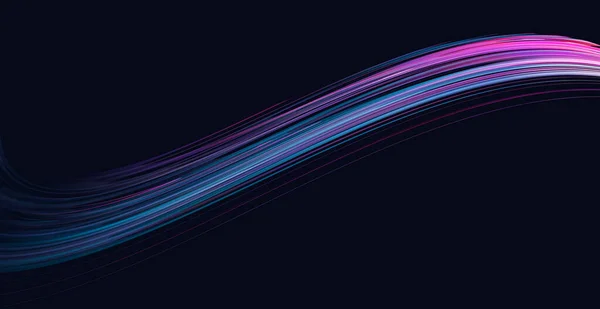 Abstrakter Hintergrund mit Flüssigkeitswelle, grafischer Strahlkomposition, hellen Neonlichtern in dunkler Raumkulisse — Stockvektor