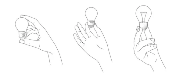 Uppsättning Illustrationer Handen Håller Glödlampa Olika Gest Position Isolerad Enkel — Stock vektor