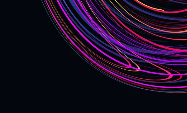 Renkli lazer ışınlı neon dalgalar oluşturan küre, kaotik hareketli artistik element, duvar kağıdı kapağı tasarımı — Stok Vektör