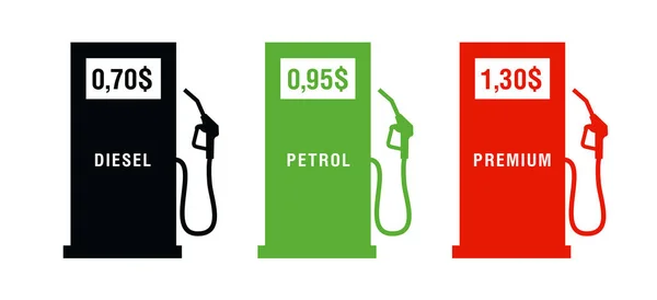 Conjunto de ícones de posto de gasolina com pistola de gasolina e preço para o diesel ou gasolina, três cores, vermelho, verde e preto, sinais planos simples — Vetor de Stock