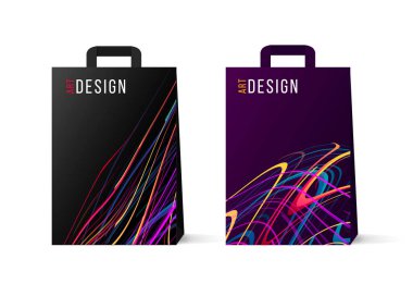 Kağıt alışveriş torbaları soyut neon çizgileri ile kaplanmış dinamik şekiller, renkli arkaplan oluşturan tasarım