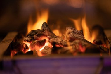 Kamp ateşindeki kömürden gelen alevlere yaklaş