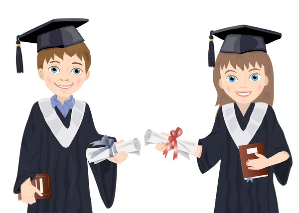 Schuljunge und Schulmädchen in Diplomkostümen — Stockvektor