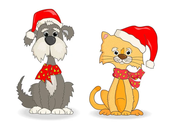 Kedi ve köpek Noel şapka vektör — Stok Vektör