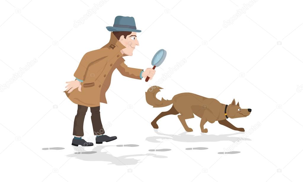 Detective with magnifying glass and tracker dog hunting footprints