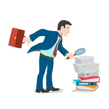 İşadamı ile kağıt yığını üzerinde büyüteç duran,