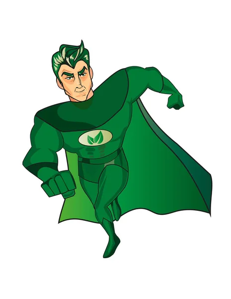 Ένας χαρακτήρας-καρτούν υπερήρωα με Πράσινο Ακρωτήριο και κοστούμι και μια φύλλα σύμβολο πάνω στο στήθος του. Απομονωμένα σε λευκό. — Διανυσματικό Αρχείο
