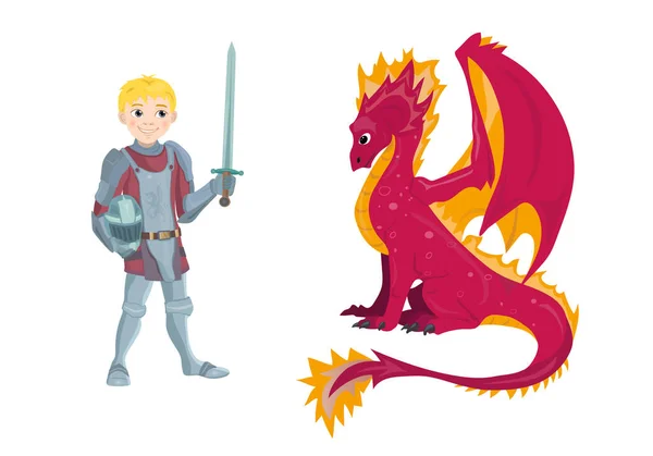 A sárkány és a fiatal lovag rajzfilmfigura a suit, páncél, a kard és pajzs holding — Stock Vector