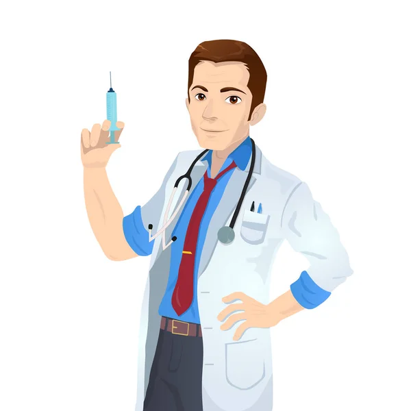Caucasian doctor holding medical injection syringe. Young doctor standing with syringe. Doctor holding syringe ready for injection. — Stock Vector
