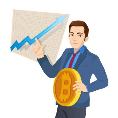 İşadamı ve grafik eğilim satır yükselen ile yukarı ve bitcoin bir işareti ile para. Dijital para elektronik para, Döviz, mobil bankacılık.