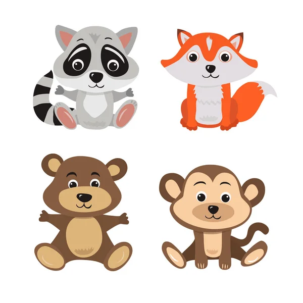 Cartoon-Illustration von sieben Tierbabys Waschbär, Fuchs, Bär und Affe. — Stockvektor