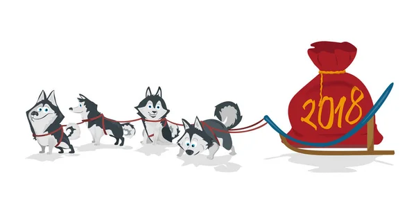 Köpekleri kızak ekibi ve chrismas çantayla numaraları 2018. Beyaz arka plan