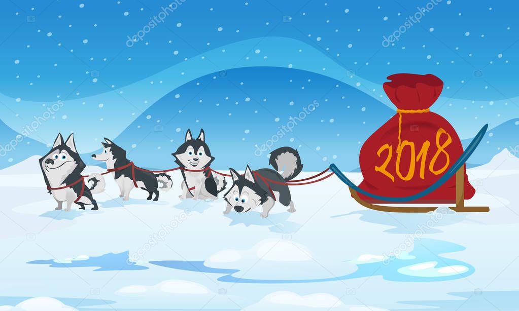 Dogs sled team and chrismas red bag with numbers 2018