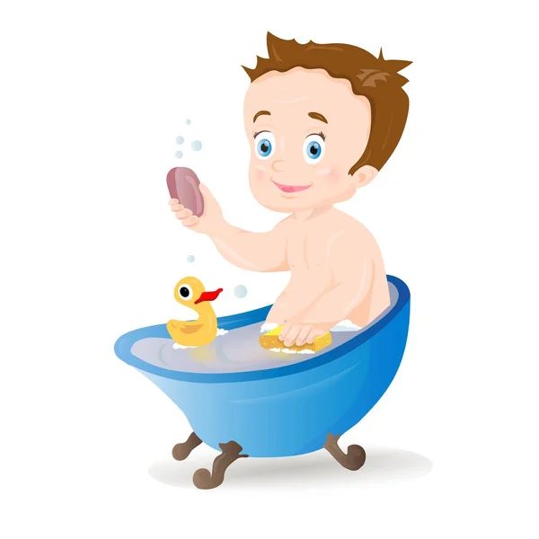 Funny little baby boy with soap in the basin and playing with a yellow rubber duck toy. — Stock Vector