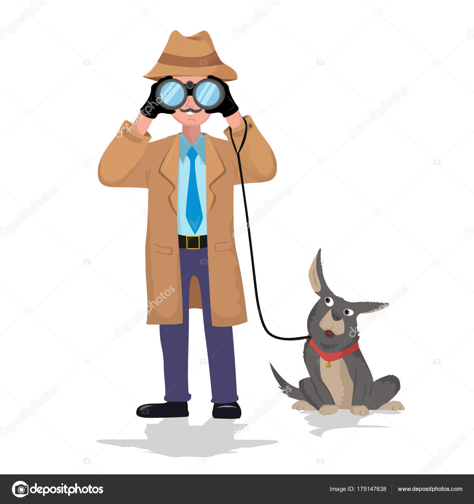 Detektiv mit Fernglas und Hund auf weißem Hintergrund.