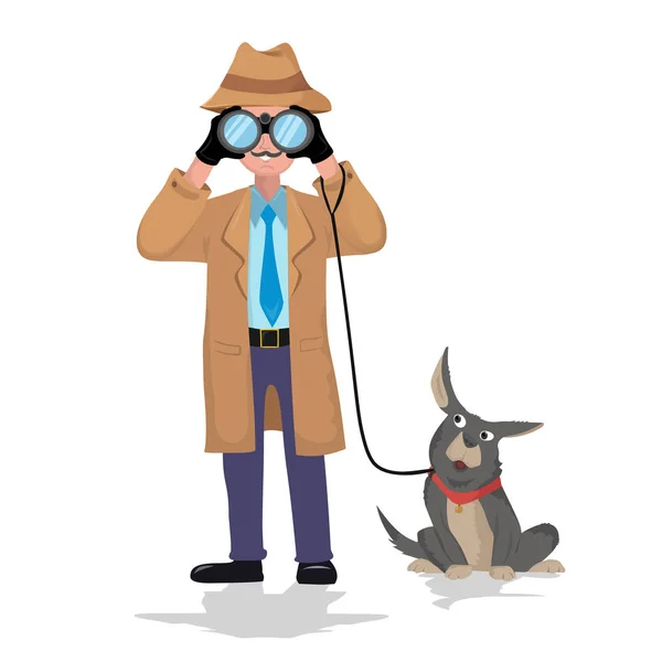 Детектив з біноклем і собакою на білому тлі . — стоковий вектор