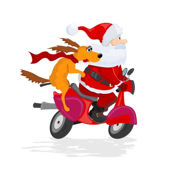 Papai Noel e cão passeio de scooter . — Vetor de Stock