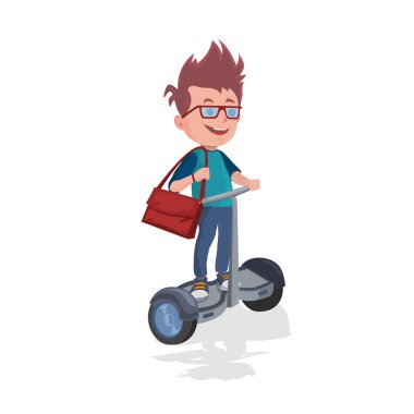 Elektrikli scooter sürme neşeli beyaz öğrenci.