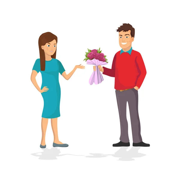 Guy fait un cadeau un bouquet de fleurs pour sa dame . — Image vectorielle