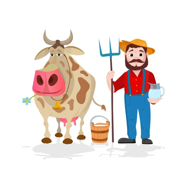 Agricultor cerca de vaca y botellas de leche. Agricultura y campo, paisaje rural y rural, tema lácteo — Vector de stock