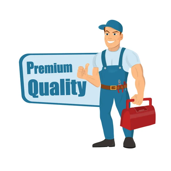 mutlu karikatür tamirci ya da inşaat işçisi ve kelimeler sınıf kalitesi.