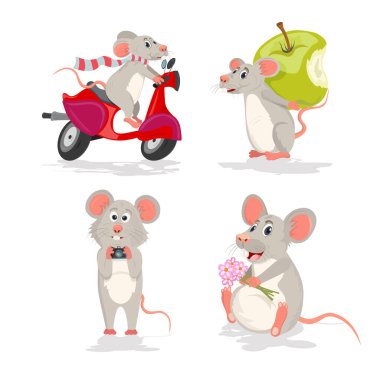 Fare ya da fare ile vektör ayarlandı. Motosikletli fare, elmalı fare, kameralı fare ve çiçekli fare.
