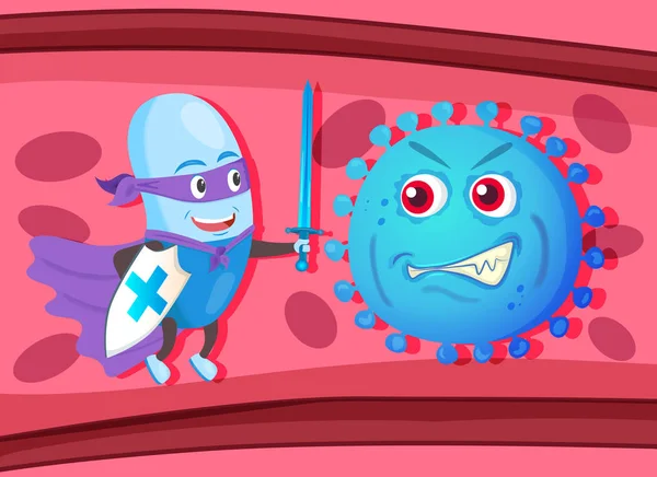 Kapsül koruyucusundaki güçlü supethero hapları kılıç ve kalkan ile kan arka planında bakteri veya virüs ile savaşıyor..