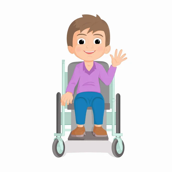 Ilustración de un niño montado en una silla de ruedas — Vector de stock