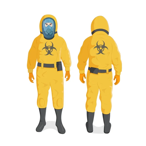 Man i gul Strålskyddsdräkt och hjälm, Kemisk eller Biohazard Professional Safety Uniform — Stock vektor