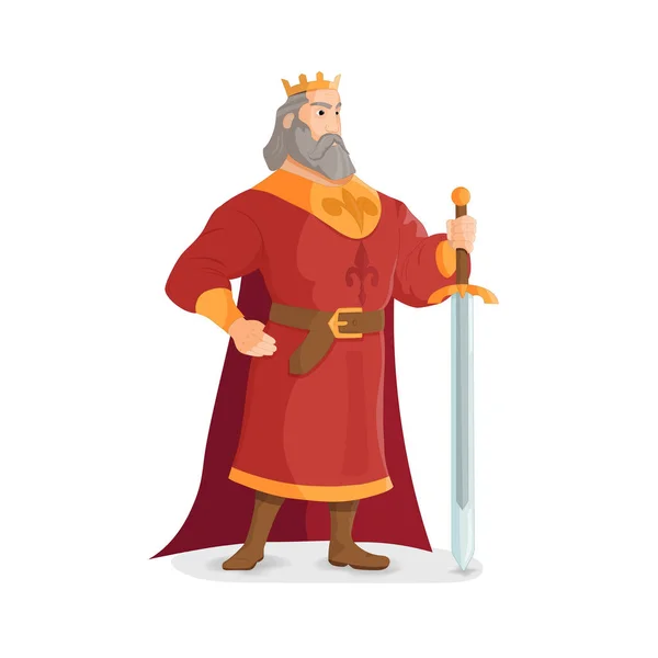 Βασιλιάς Πολεμιστής. Ένας δυνατός και ψηλός βασιλιάς με σπαθί. Ο βασιλιάς δείχνει ότι είναι ευχαριστημένος.. — Διανυσματικό Αρχείο