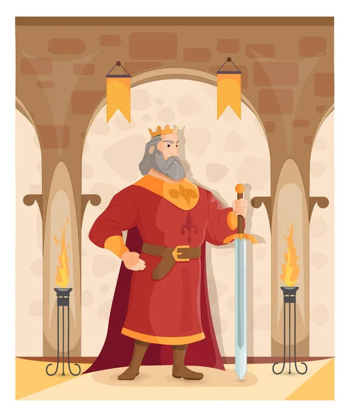 Egy erős király karddal a kastélyban.. — Stock Vector