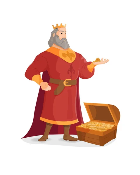 King holds a gold coins in his hands. Treasure of gold wealth with bright sparkles, coins scatter. — Stock Vector