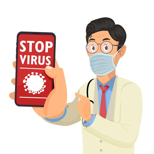 Doktor cep telefonunu tutuyor ve ekranı kelimelerle gösteriyor. Virüsü durdur.