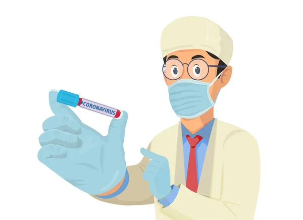 Karikaturenarzt in medizinischer Maske mit positivem Bluttest-Ergebnis für das neue, sich rasch ausbreitende Coronavirus — Stockvektor