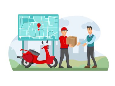 Mutlu adam akıllı telefon uygulaması kullanarak eve bir teslimat kutusu alıyor, teslimatçı bir çanta taşıyor..