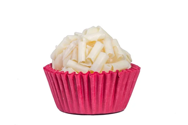 Traditional homemade Brazilian chocolate candy, called brigadeiro, in a gourmet version of white chocolate. Isolated on white background.