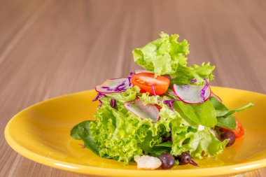 Taze salata, vişneli domates, turp, zeytin ve kroton tabakta. Vejetaryen sağlıklı salata yemeği konsepti. Renkli tabakta lezzetli karışık yapraklar, domatesler ve sebze salatası karışımı..