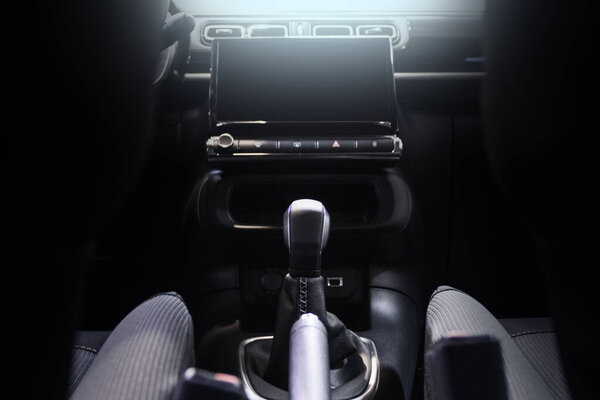 Salon auto. Interior cars. Steering wheel. Dashboard. Speedomete