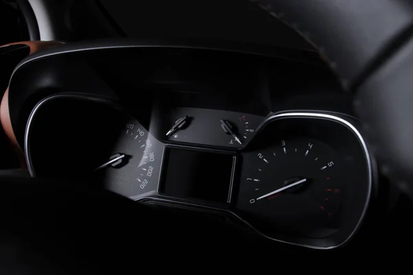 Modern Car Illuminated Dashboard Steering Wheel Speedometer — Stock Photo, Image