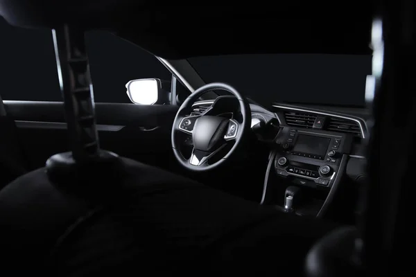 Car Interior Modern Car Speedometer Illuminated Dashboard Steering Wheel — Stock Photo, Image