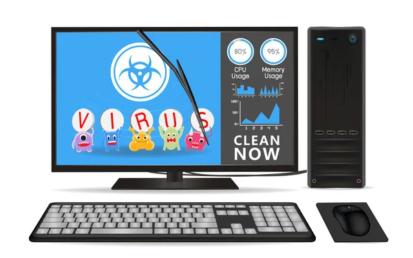 Ordinateur de bureau avec application de nettoyage de virus — Image vectorielle