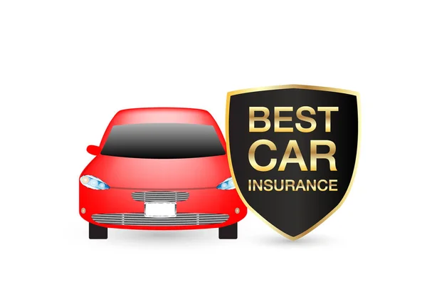 赤い車と最高の車保険の盾のロゴ — ストックベクタ